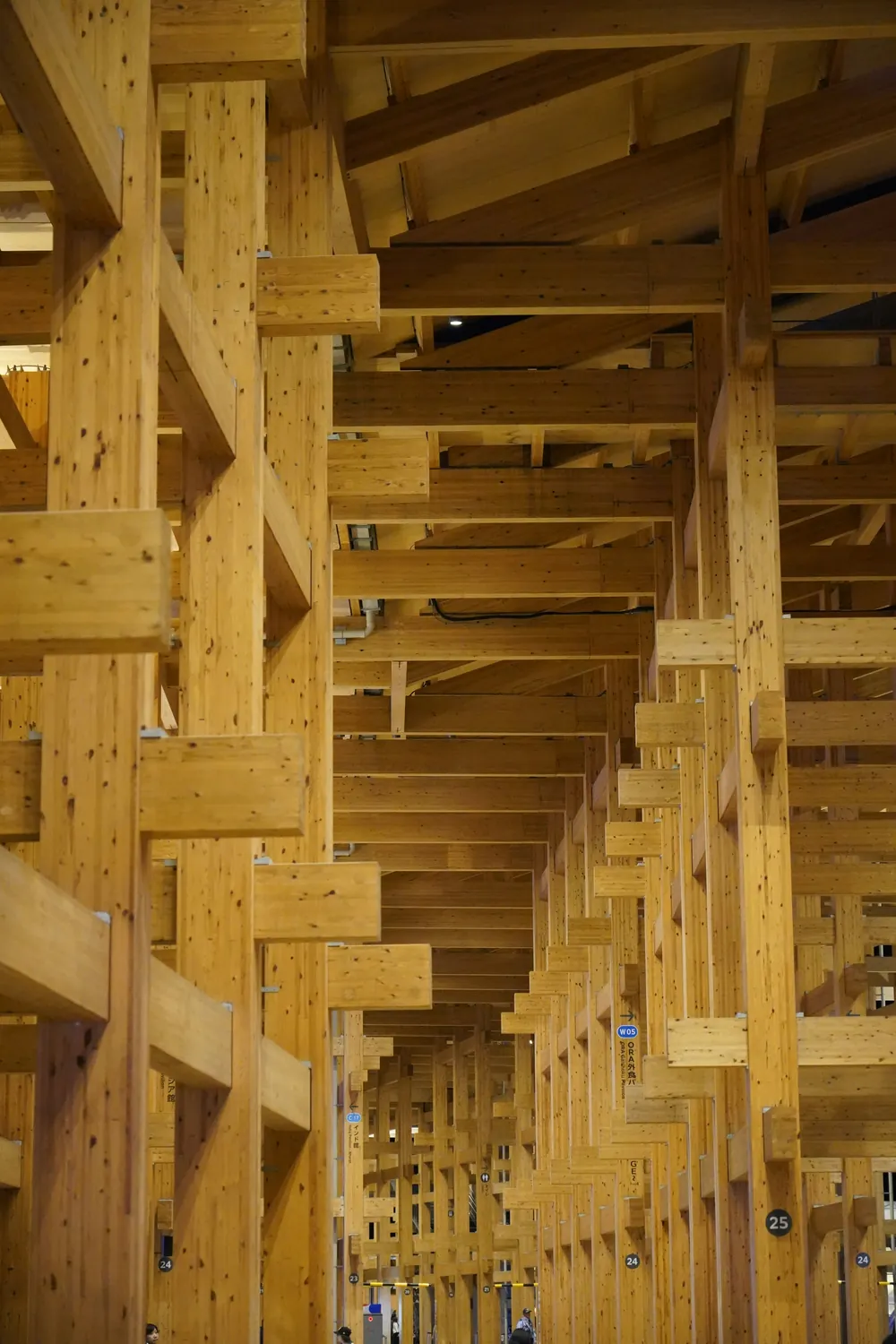 Geometric timber beams forming a structured architectural interior
